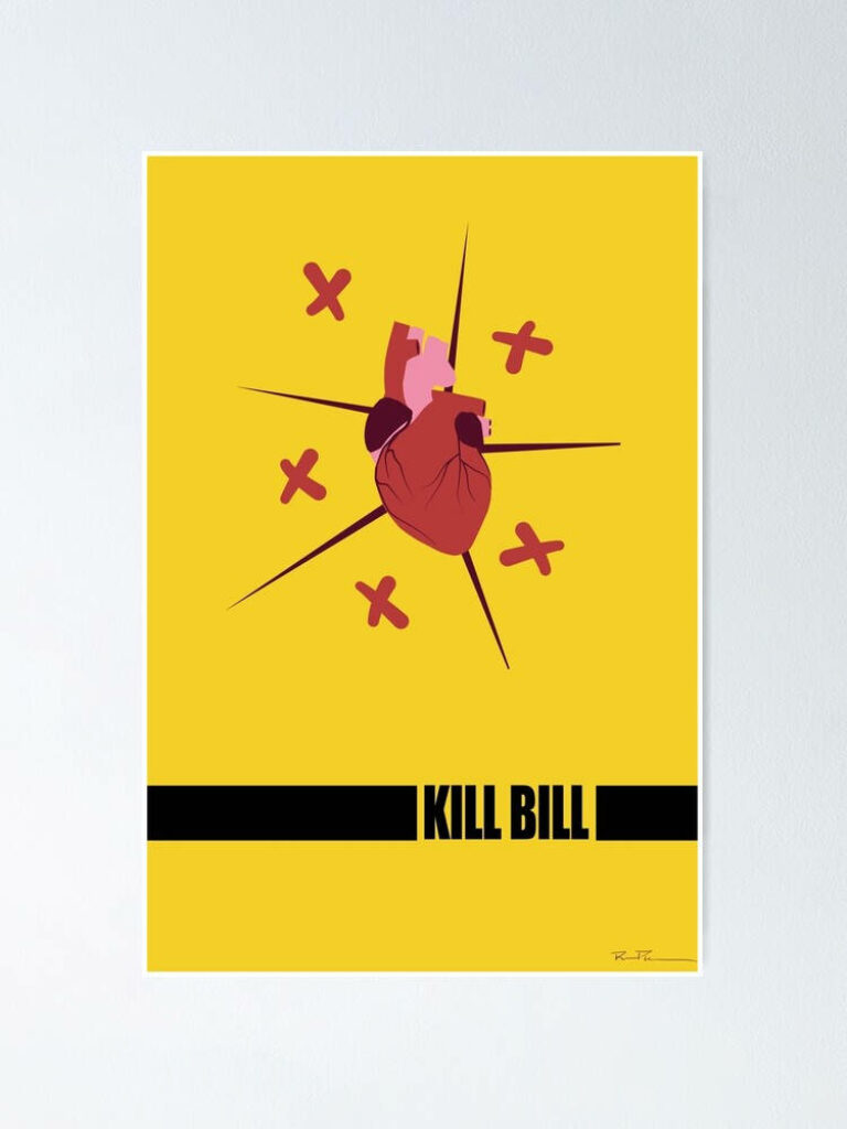 Kill Bill Heart Poster with stylized heart red X marks sharp lines bold yellow background wallpaper