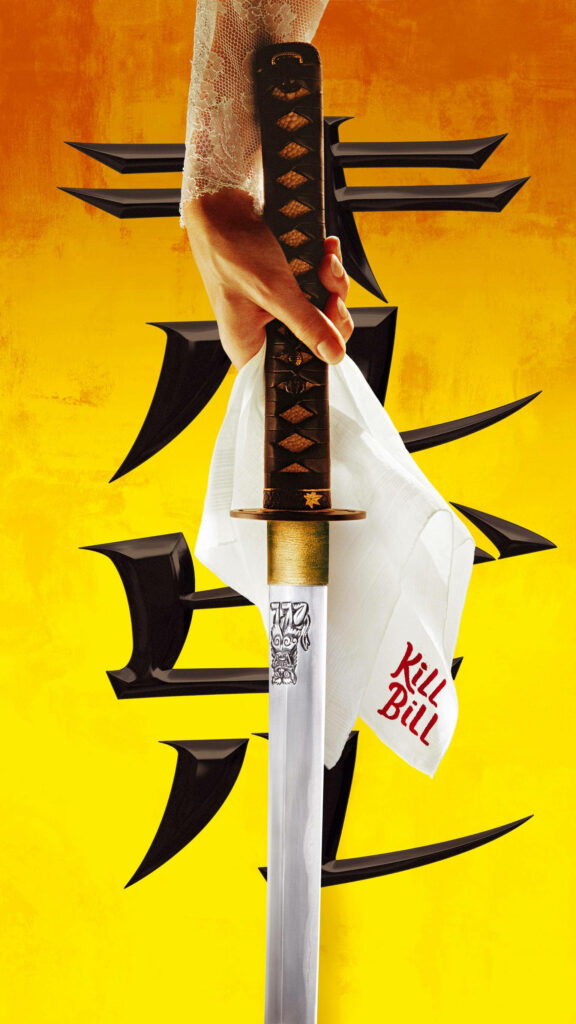 Kill Bill wallpaper hand gripping Japanese katana bold yellow background black Japanese characters