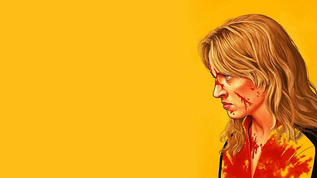 Side view portrait of Kill Bill character with blood-splattered face intense expression yellow background Wallpaper