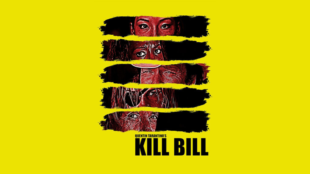 Bold Kill Bill poster with intense close-ups of characters on striking yellow background wallpaper
