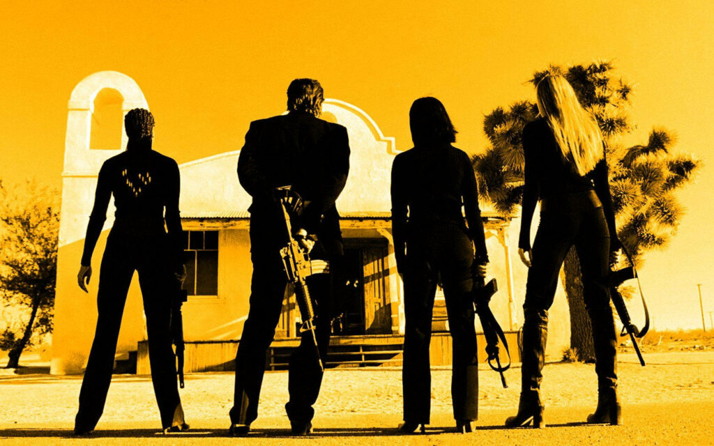 Kill Bill movie villains silhouette with weapons against yellow desert chapel background wallpaper