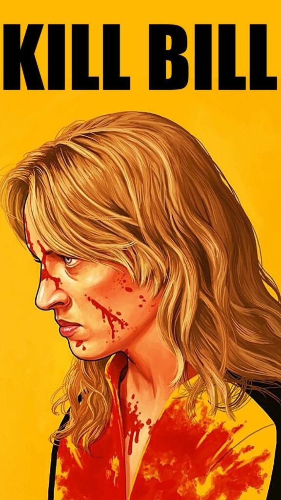 The Bride from Kill Bill with blood-splattered face intense expression yellow wallpaper background