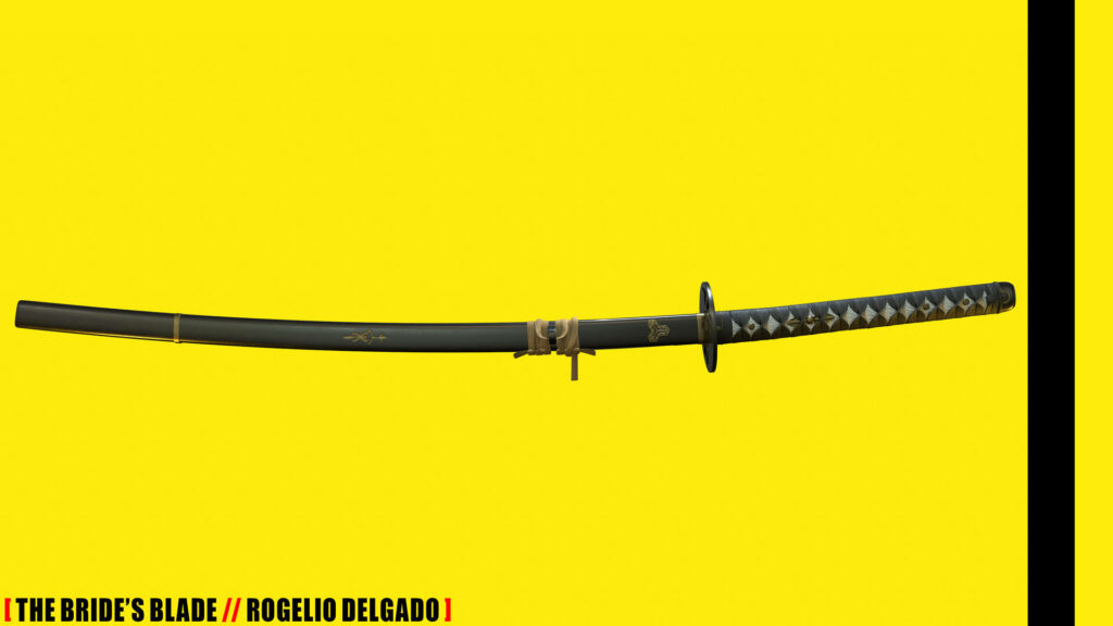 The Brides iconic katana from Kill Bill on bold yellow background intense movie wallpaper