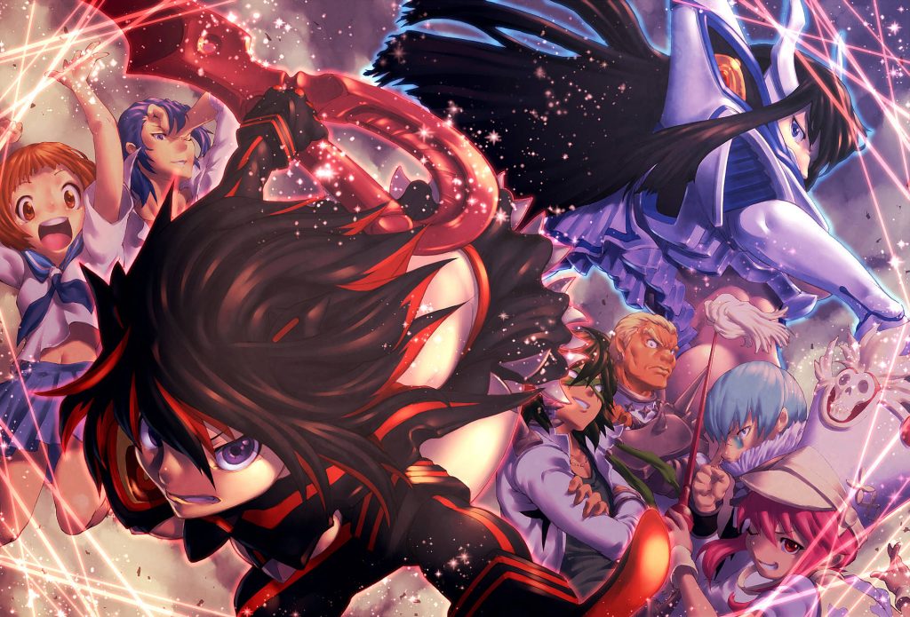 High-energy Kill la Kill wallpaper with Ryuko Matoi and Satsuki Kiryuin in glowing red battle pose
