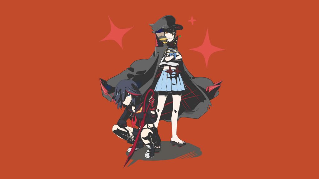 Ryuko Matoi crouching with Scissor Blade and Satsuki Kiryuin in cloak Kill la Kill wallpaper