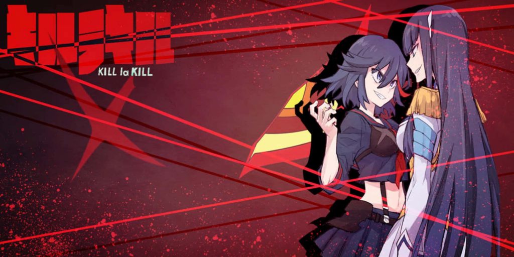 Kill la Kill anime wallpaper with Ryuko Matoi and Satsuki Kiryuin face off on red background