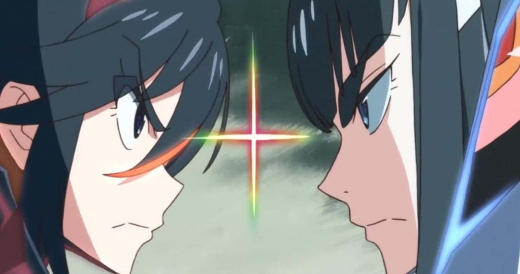 Kill la Kill anime wallpaper Ryuko Matoi and Satsuki Kiryuin fierce glare cross flare intense battle