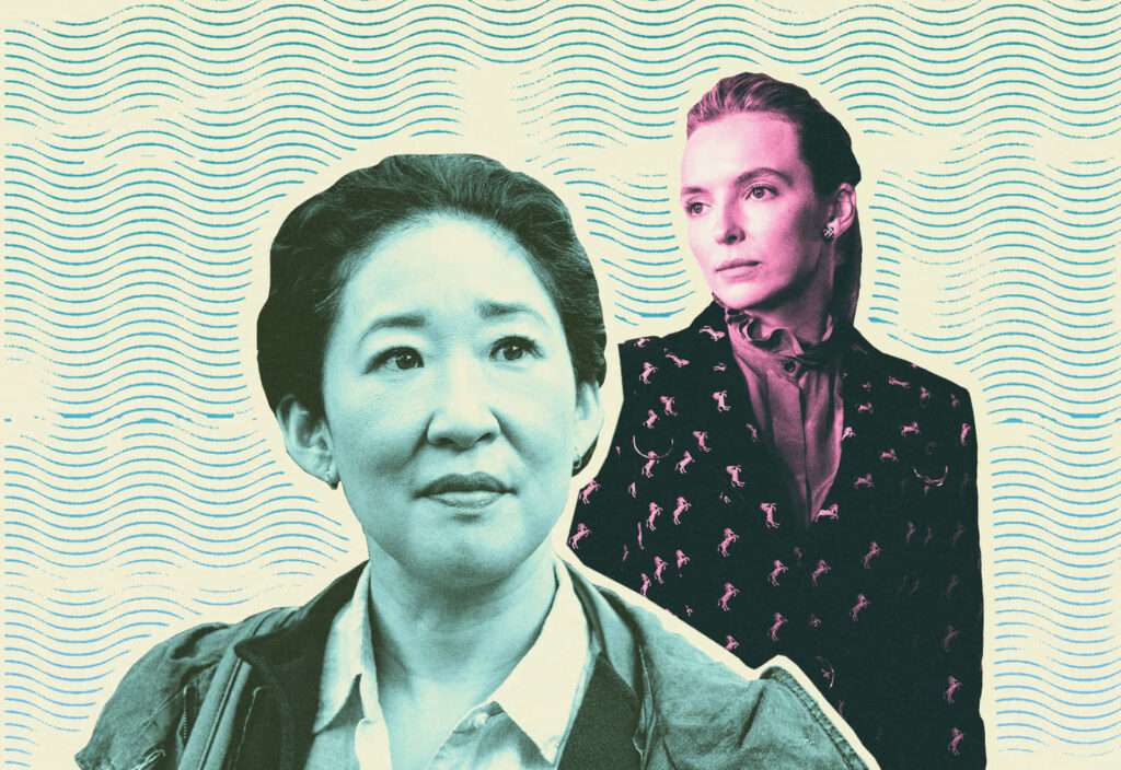 Artistic Killing Eve Wallpaper: Vibrant Duo Against Patterned Background