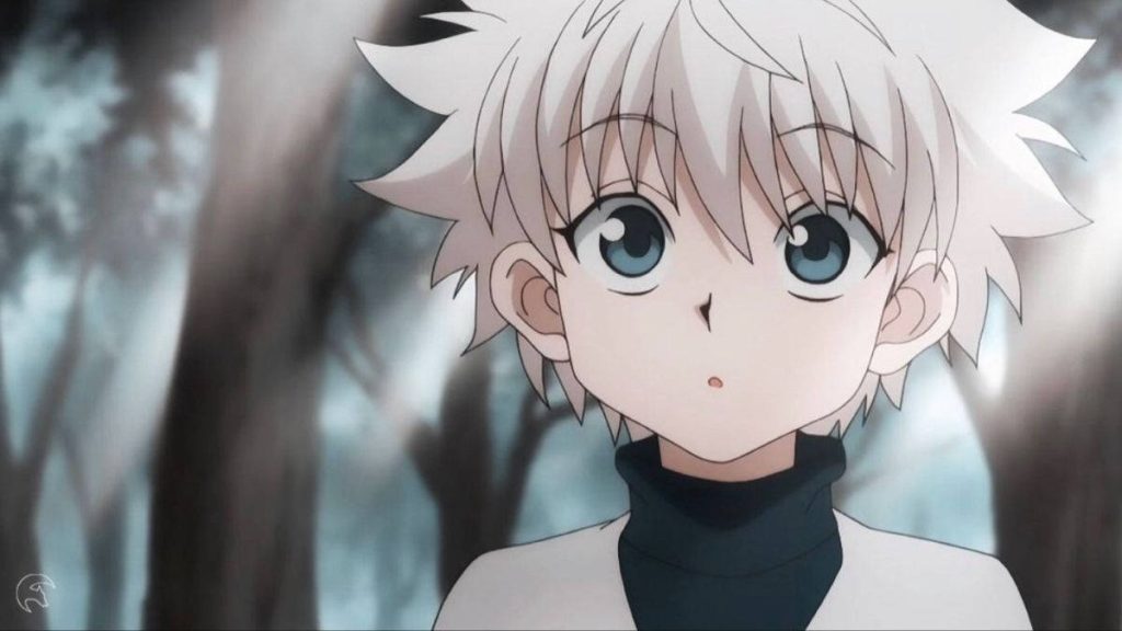 Killua Zoldyck Hunter x Hunter anime wallpaper with white hair blue eyes dreamy forest background