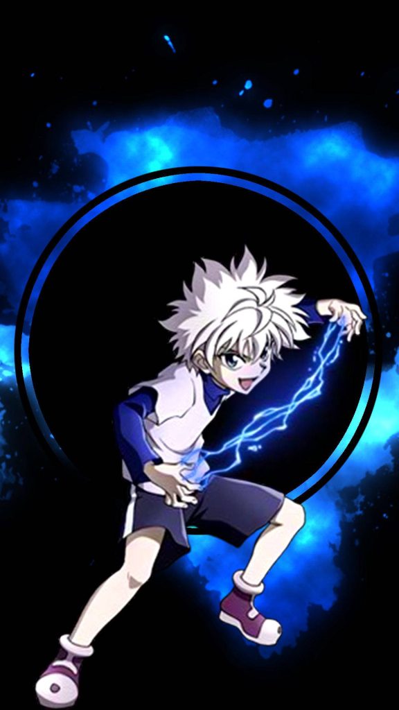 Hunter x Hunter phone wallpaper featuring Killua Zoldyck with electric Nen and blue lightning