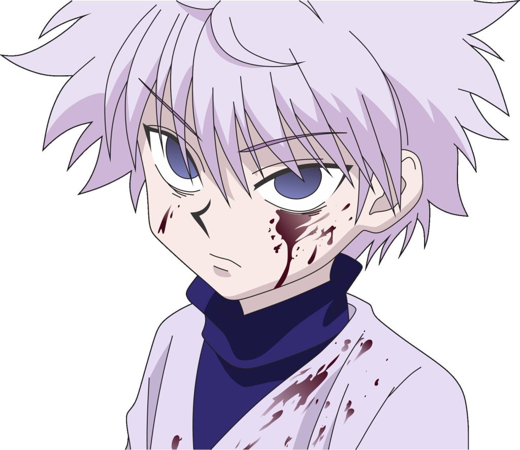 Killua Zoldyck close-up anime wallpaper blood splattered attire intense assassin gaze Hunter x Hunter