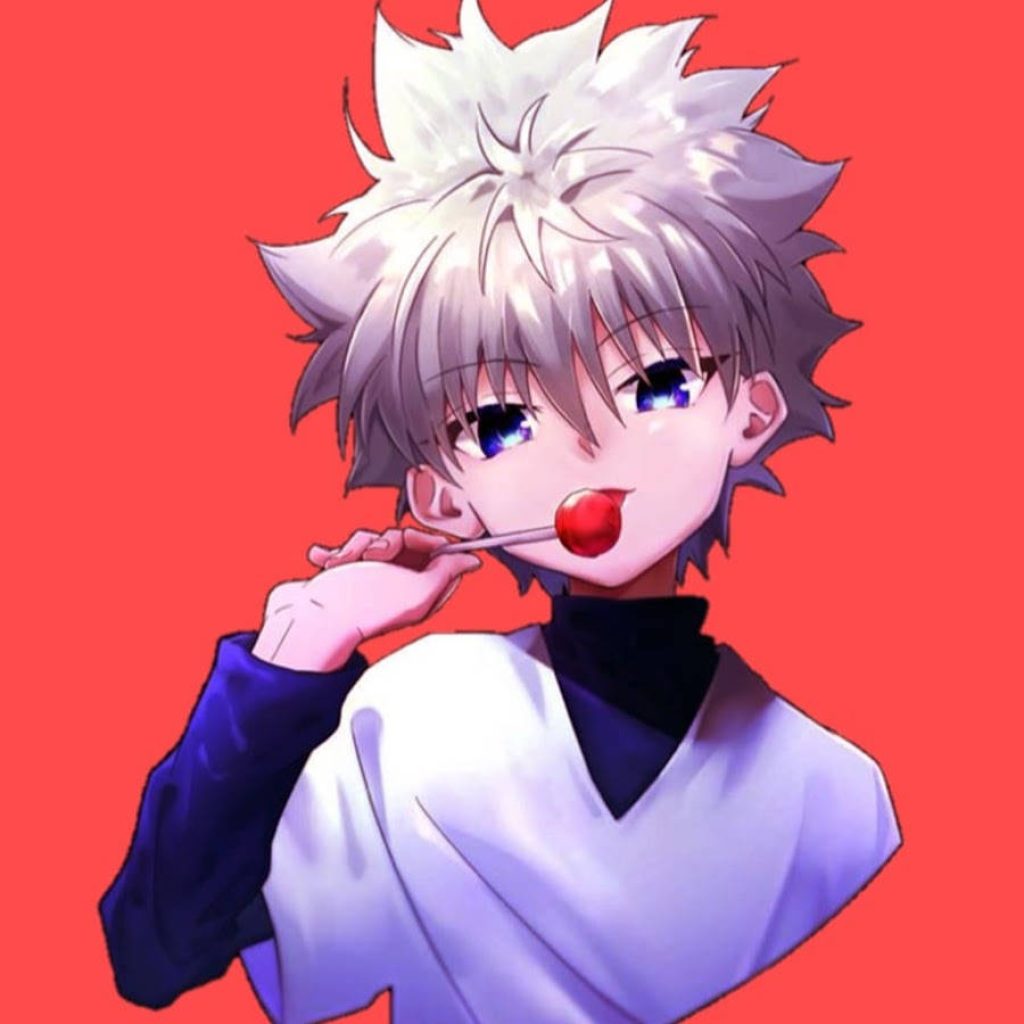Killua Zoldyck Hunter x Hunter wallpaper bright anime art spiky white hair blue eyes red background