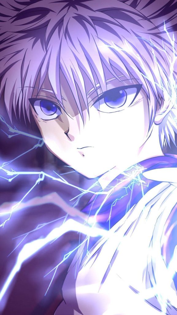 Killua Zoldyck close-up with spiky white hair and blue eyes lightning anime wallpaper background