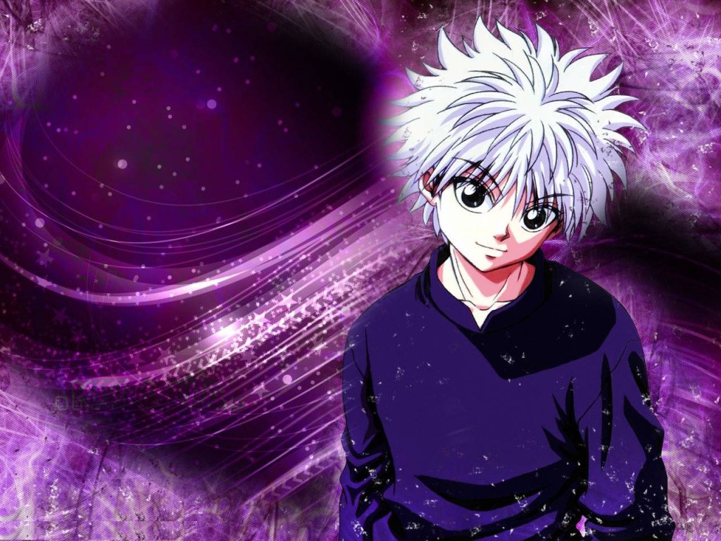 Hunter x Hunter Killua Zoldyck digital art wallpaper with spiky white hair purple abstract background