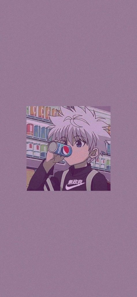 Killua Zoldyck sipping Pepsi minimalist Hunter x Hunter wallpaper retro lo-fi lavender background