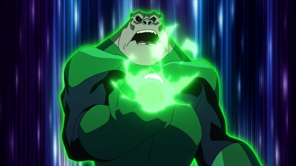 Kilowog Green Lantern unleashes glowing green energy construct on vibrant blue purple background Wallpaper