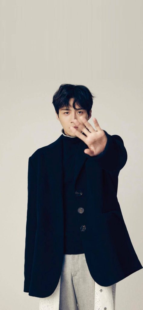 Kim Seon-ho minimalist portrait in dark coat with raised hand soft neutral background wallpaper