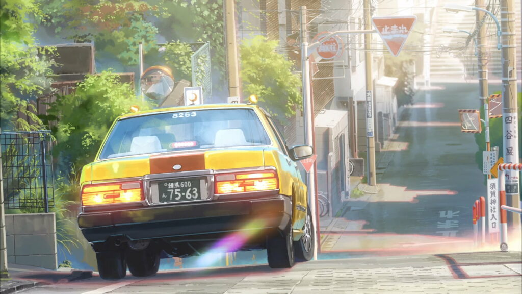 A yellow taxi on sunlit Japanese street inspired by Kimi no Na Wa anime summer wallpaper
