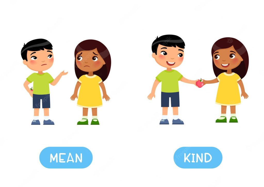 Cartoon children showing mean and kind behaviors sharing apples teaching empathy concepts Wallpaper