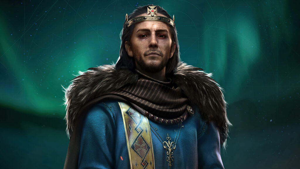 Majestic Royal Avatar Bathed in Aurora Borealis: A Breathtaking Assassin's Creed Valhalla Wallpaper