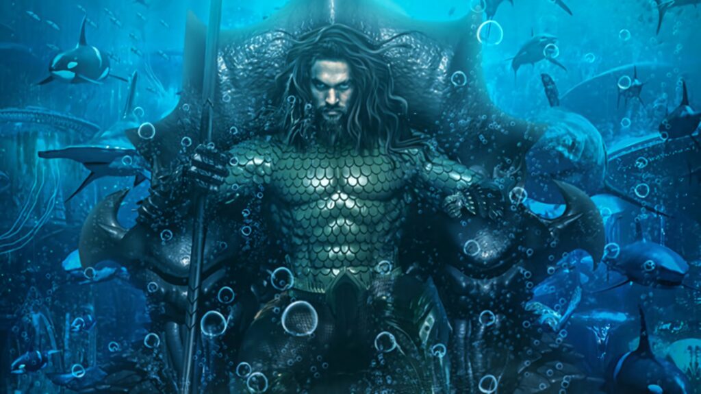 King Aquaman seated on underwater throne surrounded by sea creatures showing ocean power Wallpaper