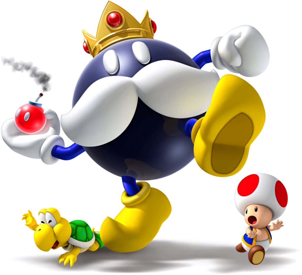 King Bob-omb towers over Koopa Troopa and Toad holding a smoking bomb Mario universe wallpaper