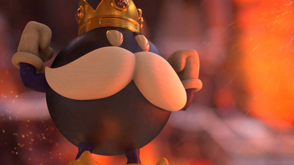 King Bob-omb standing boldly with fiery background explosive adventure wallpaper background