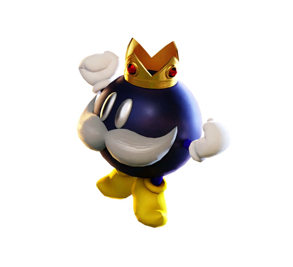 King Bob-omb from Mario series with golden crown white mustache yellow gloves on white background Wallpaper