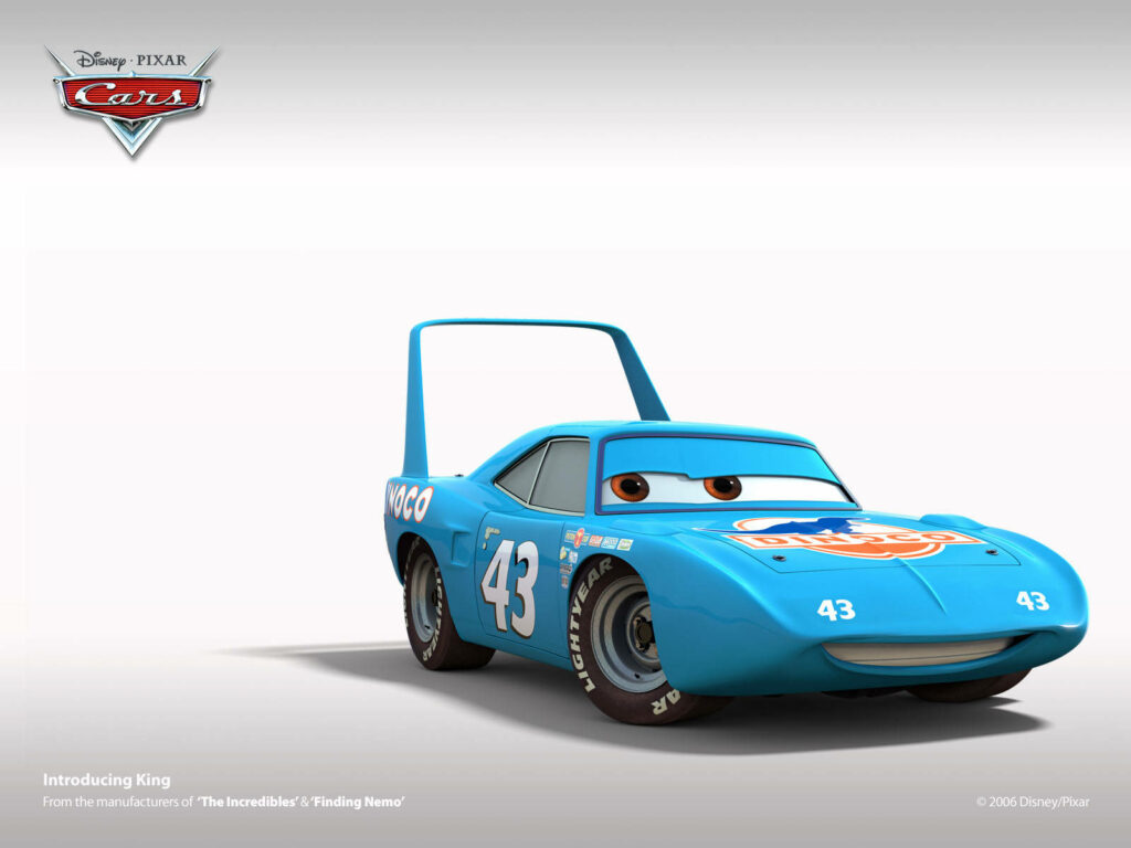 King from Cars blue race car with number 43 Dinoco branding high quality digital art wallpaper