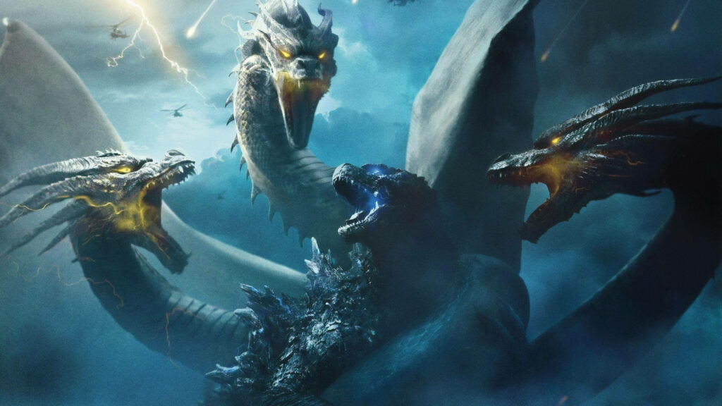 Dragon's Triumph: King Ghidorah emerges victorious, conquering Godzilla in an epic battle Wallpaper