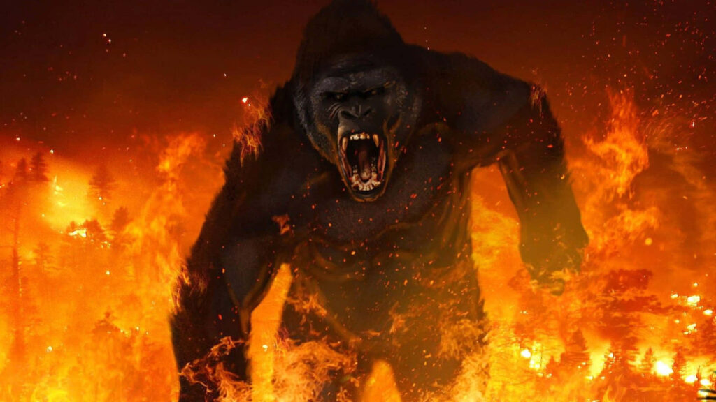 King Kong charging through blazing fire intense dramatic wallpaper background for desktop