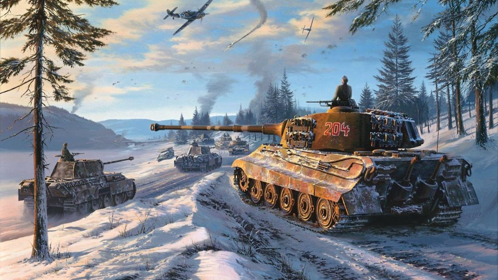 German Tiger II tank 204 leads snowy winter column with Bf 109 fighter in cinematic scene Wallpaper