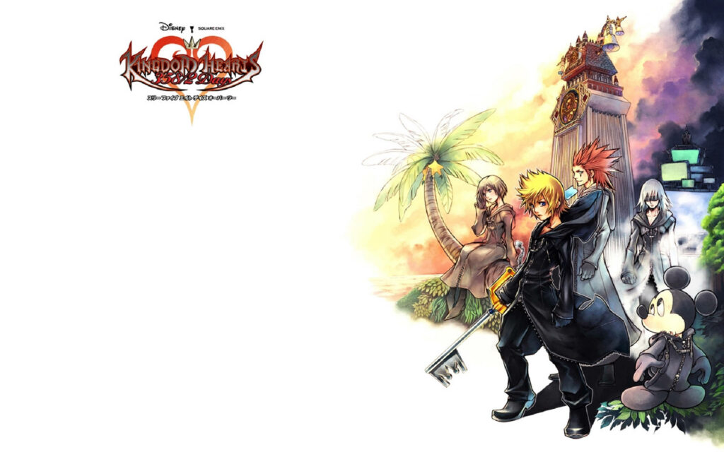 Kingdom Hearts animated wallpaper with Roxas Axel Riku Mickey Mouse vibrant palm tree clock tower