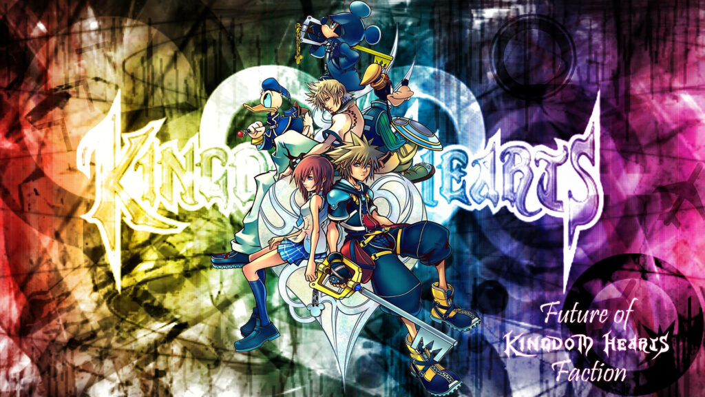 Kingdom Hearts wallpaper with vibrant colors and main characters posed dynamically in center