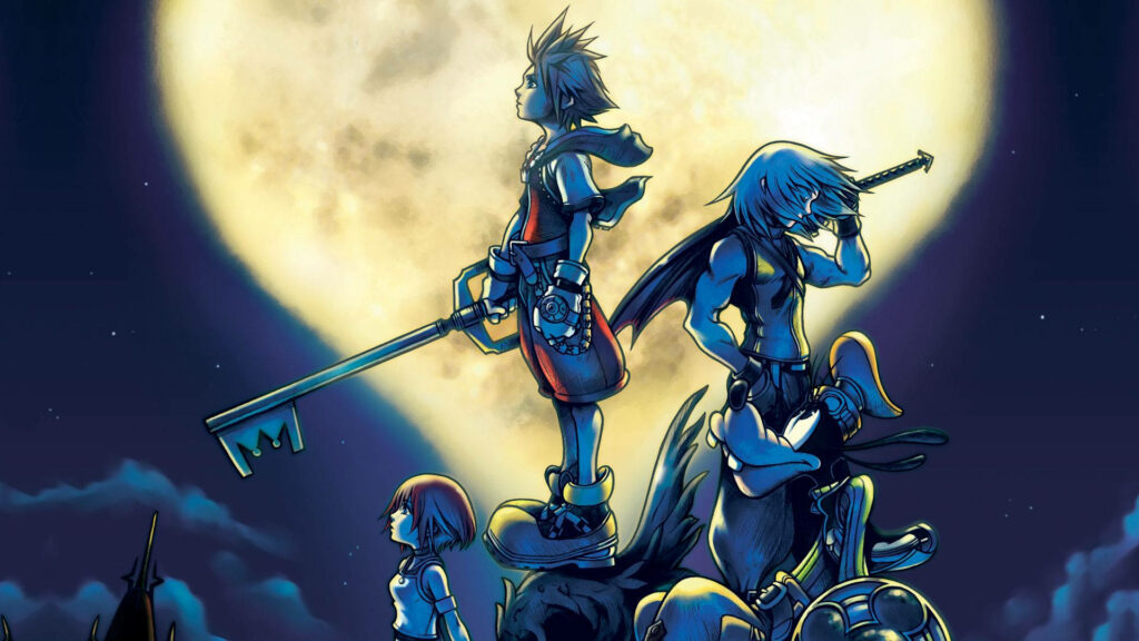 Kingdom Hearts III wallpaper with Sora Riku and Kairi under a glowing moon ready for adventure