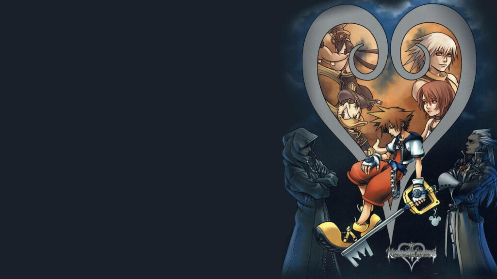 Kingdom Hearts wallpaper with heart-shaped logo featuring iconic characters and adventure spirit