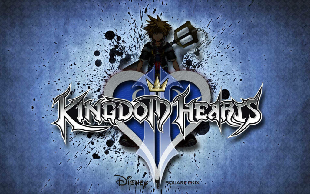 Kingdom Hearts logo on blue textured background with bold splatters and shadowed Sora silhouette Wallpaper