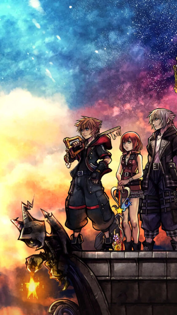 Kingdom Hearts wallpaper with Sora Kairi and Riku on rooftop under vibrant galaxy sky background