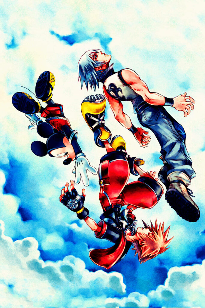 Kingdom Hearts wallpaper with Sora Riku and Mickey Mouse against a dreamy sky background