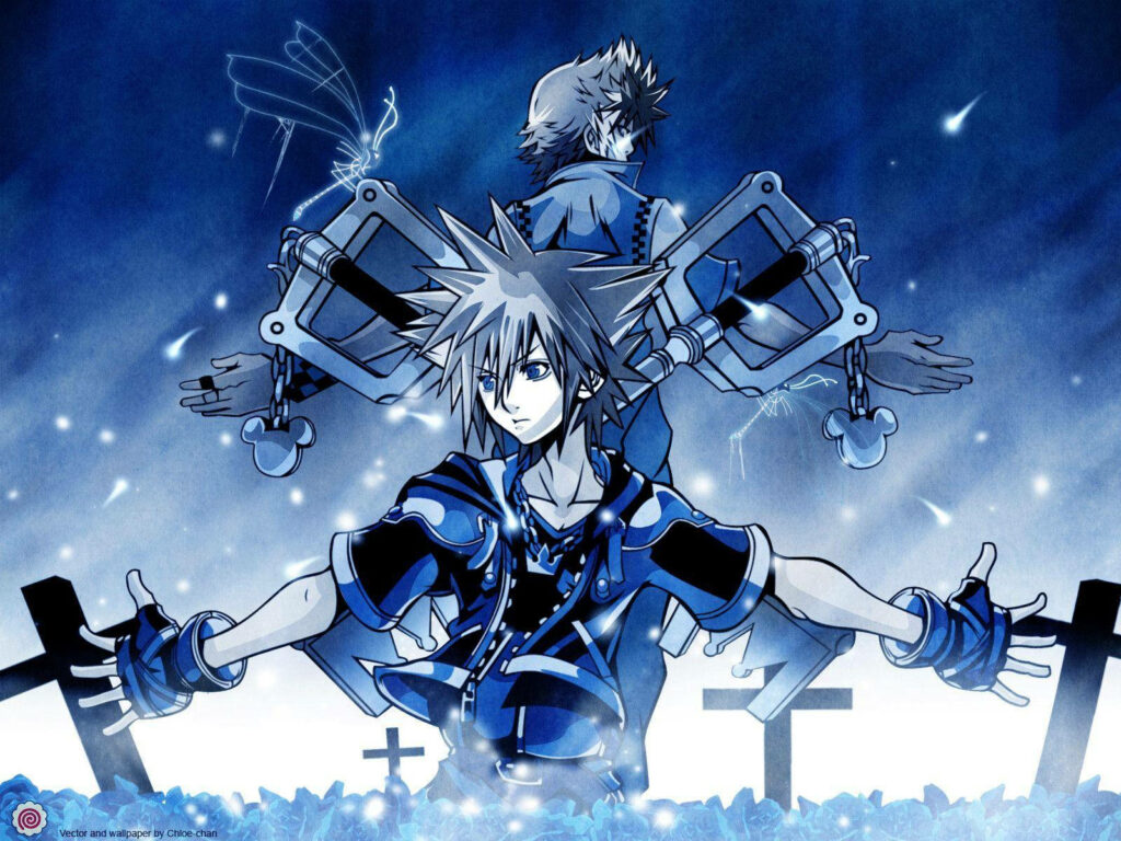 Sora and Riku back to back with iconic keyblades vivid blue Kingdom Hearts wallpaper background
