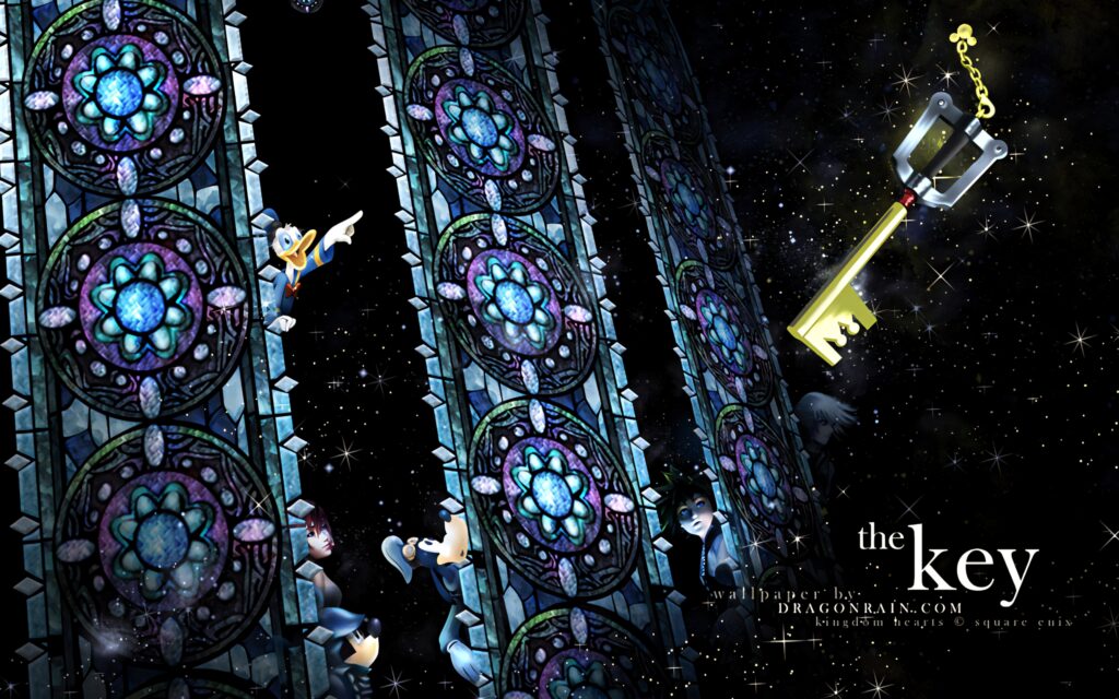 Kingdom Hearts wallpaper with characters behind stained glass and golden Keyblade in night sky