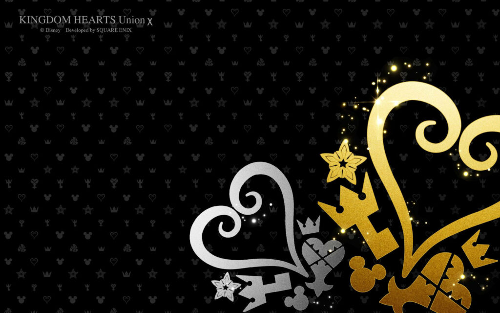 Kingdom Hearts Union X wallpaper with gold silver symbols on dark patterned background adventure