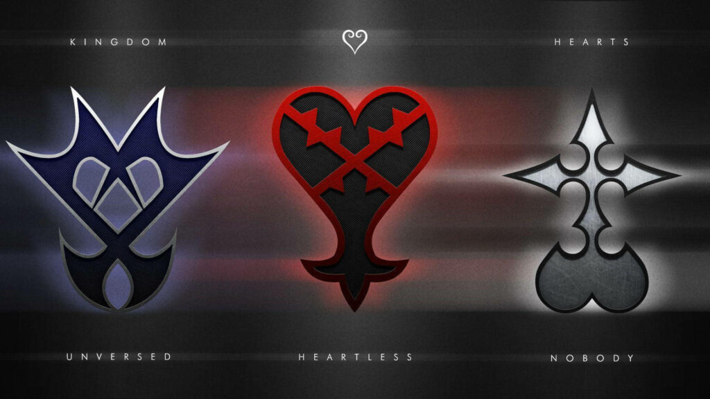 Digital artwork of Unversed Heartless and Nobody Kingdom Hearts logos glowing on dark textured background Wallpaper
