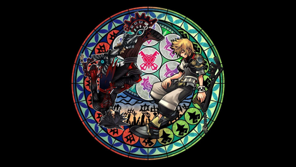 Kingdom Hearts wallpaper with iconic characters and stained-glass background adventure design