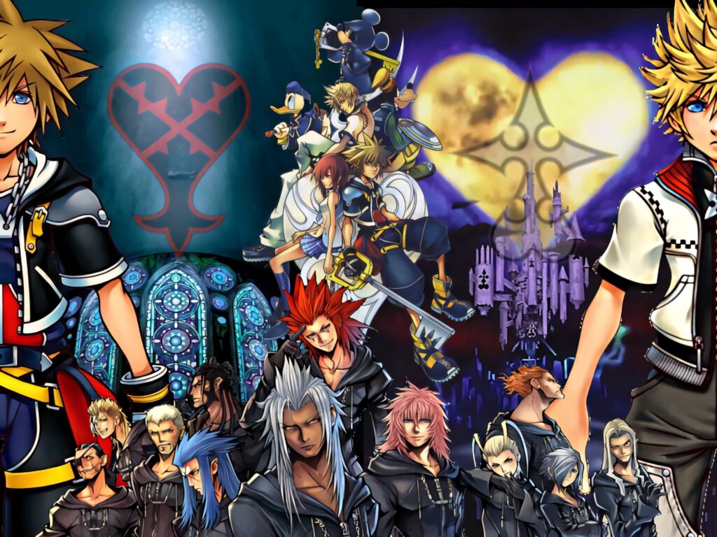 Kingdom Hearts wallpaper with heart logo key characters colorful stained glass mystical symbols