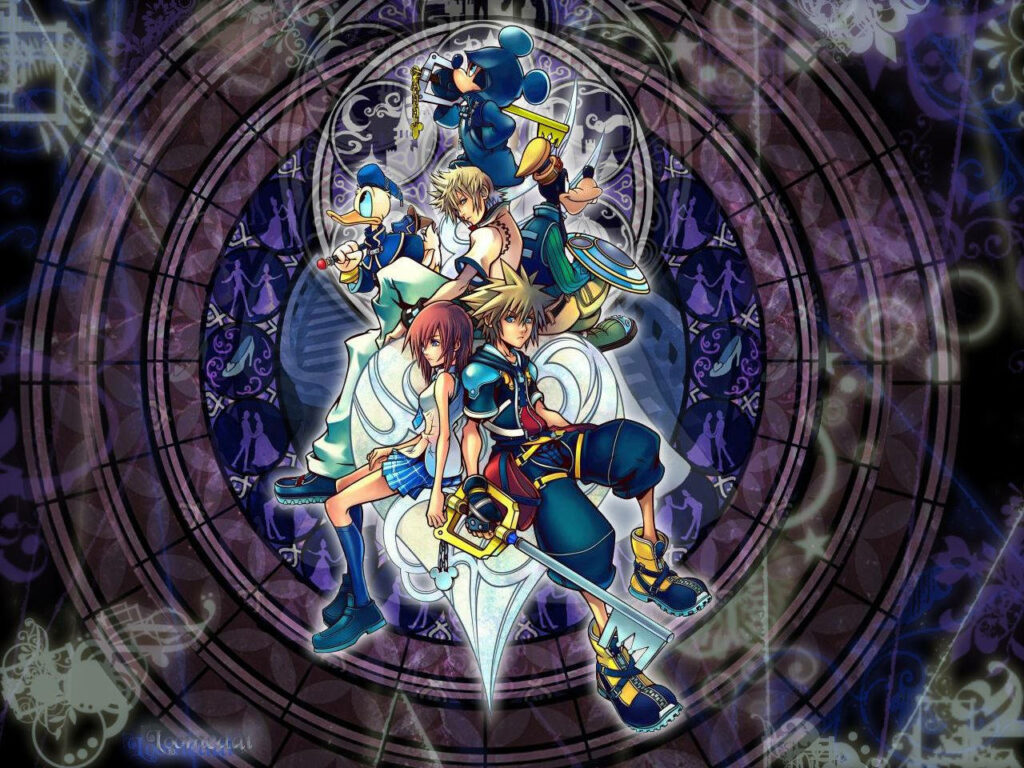 Kingdom Hearts wallpaper with Sora Kairi Riku Donald and Mickey wielding keyblades stained glass