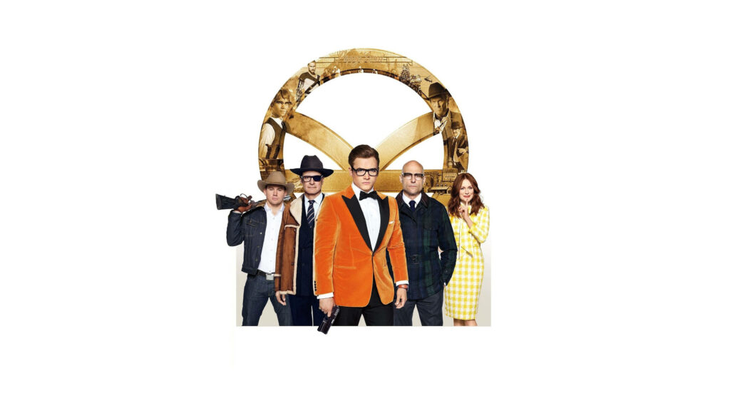 Kingsman 2017 movie main characters standing before iconic logo stylish action wallpaper background