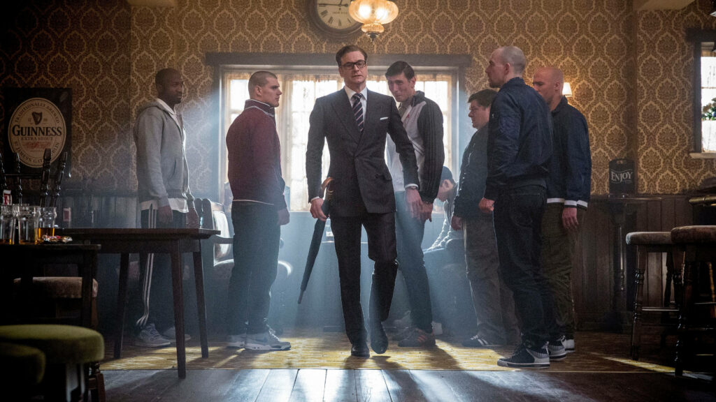 Kingsman Galahad fight scene wallpaper agent confident in classic pub confrontation background