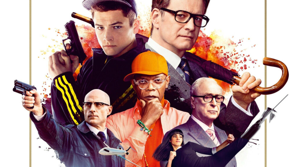 Kingsman The Secret Service poster wallpaper with main characters in vibrant action-packed poses