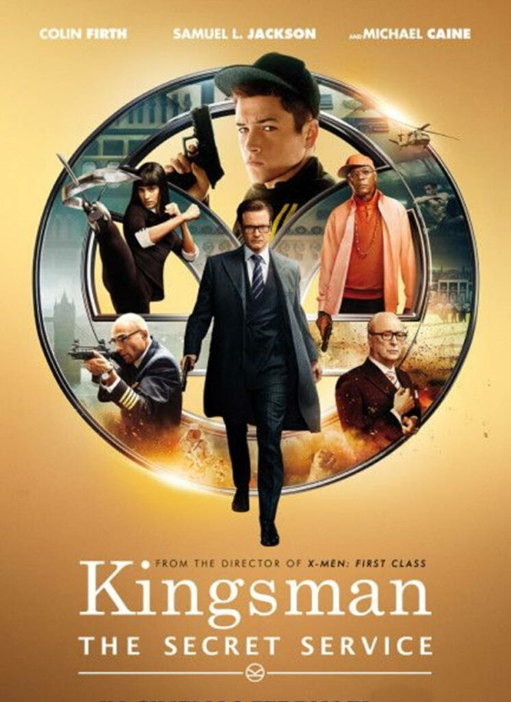 Kingsman The Secret Service gold poster wallpaper with main characters in dynamic action poses